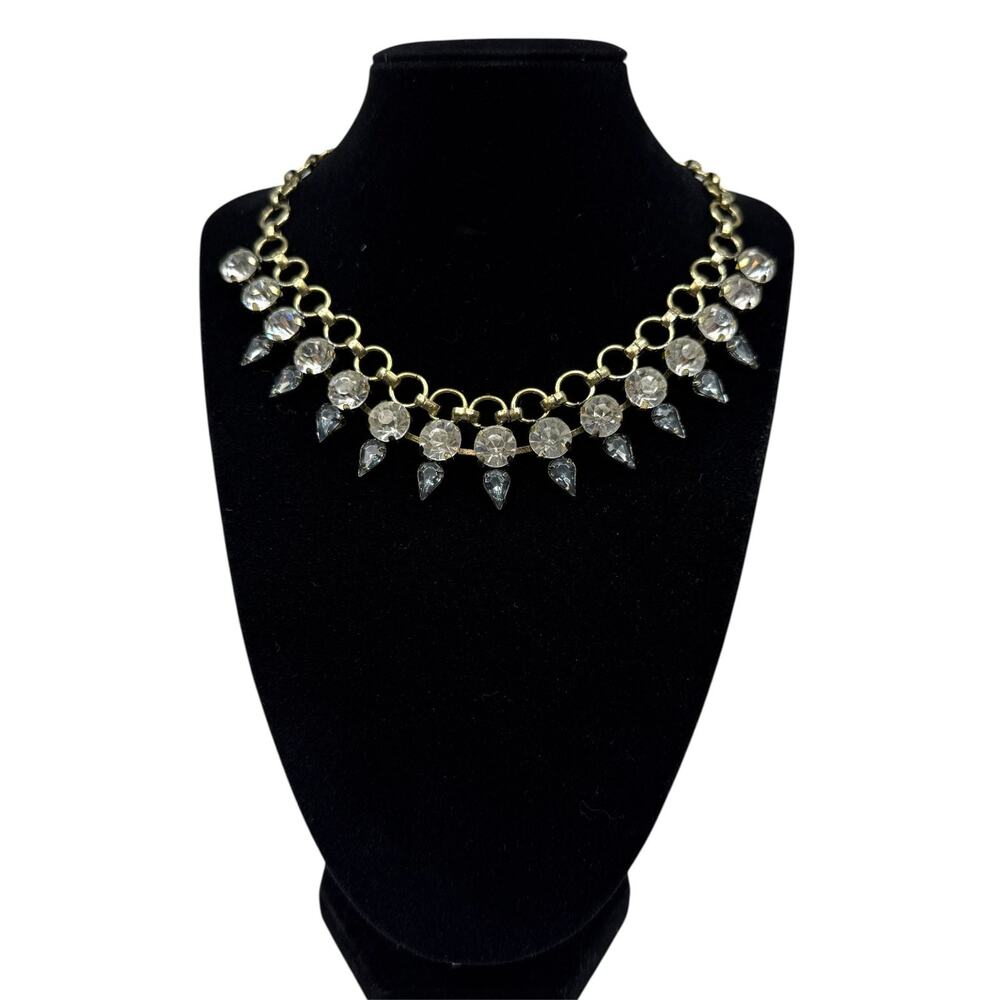 Gold Tone Clear Glass Rhinestone Statement Necklace Bib Choker Jewelry 15 in